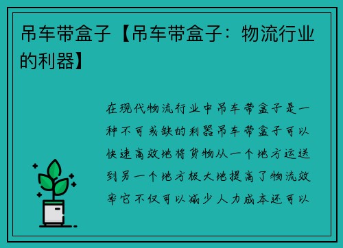 吊车带盒子【吊车带盒子：物流行业的利器】